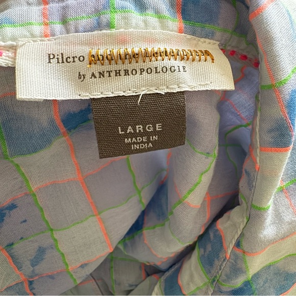Anthropologie Pilcro Letterpress Cate Blue Neon Tie-Dye Plaid Button-Down Shirt - Picture 7 of 9